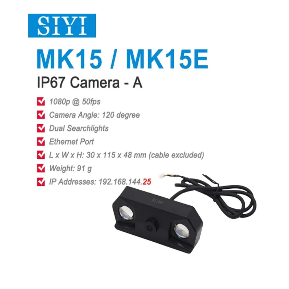 SIYI MK15 IP67 Waterproof FPV Camera 720P 30fps Fixed Focus Ethernet IP Cam with Dual Searchlights for Industrial UAV