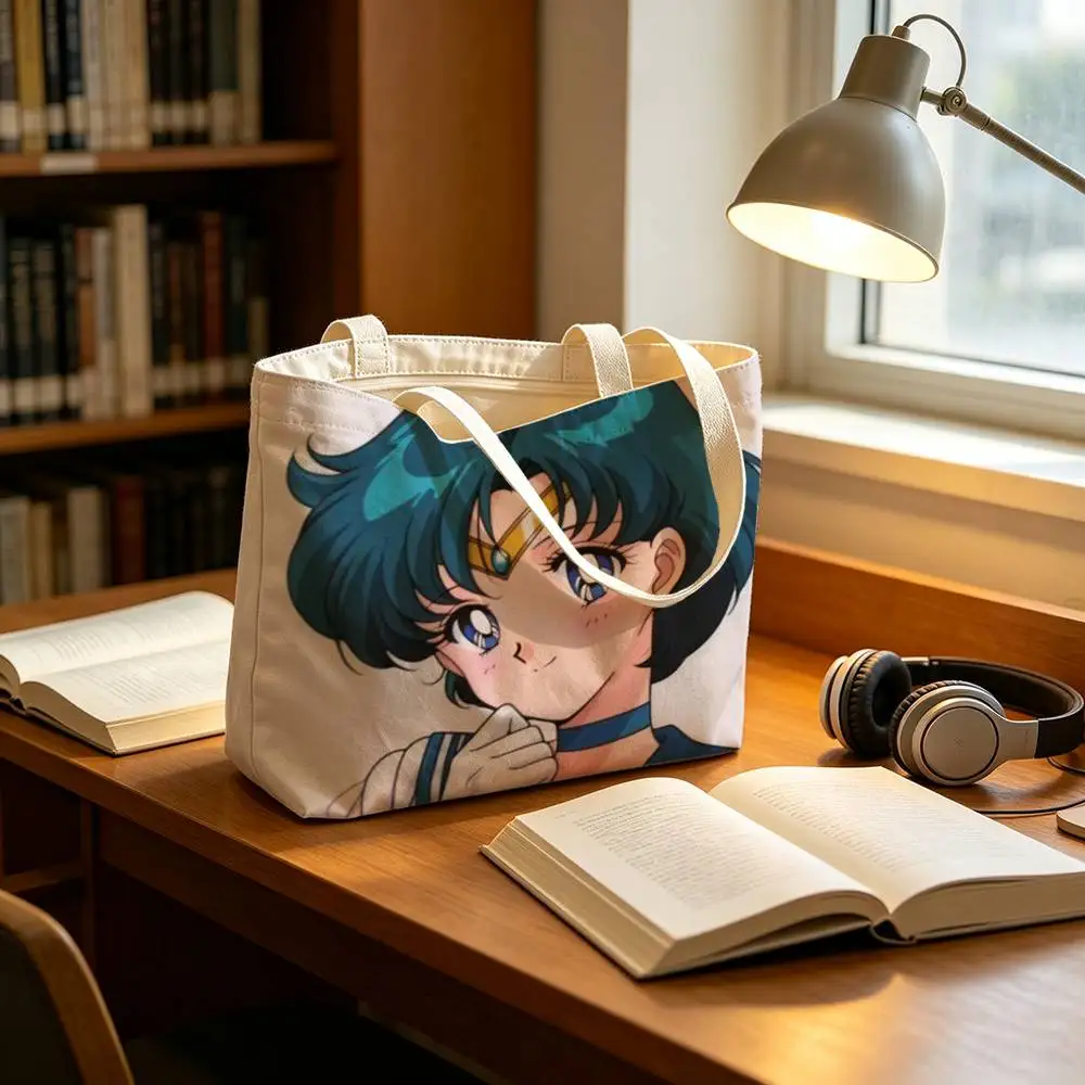 S-Sailor Moon Mizuno Ami Print Canvas Tote Bag Handbag For Daily School Commute Casual Shoulder Bag