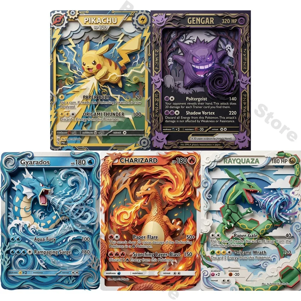 5Pcs PTCG Cards Gengar Charizard Gyarados Rayquaza 3D Paper Sculpture PTCG Cards Game Cards Rare Holo Collection PTCG Gift