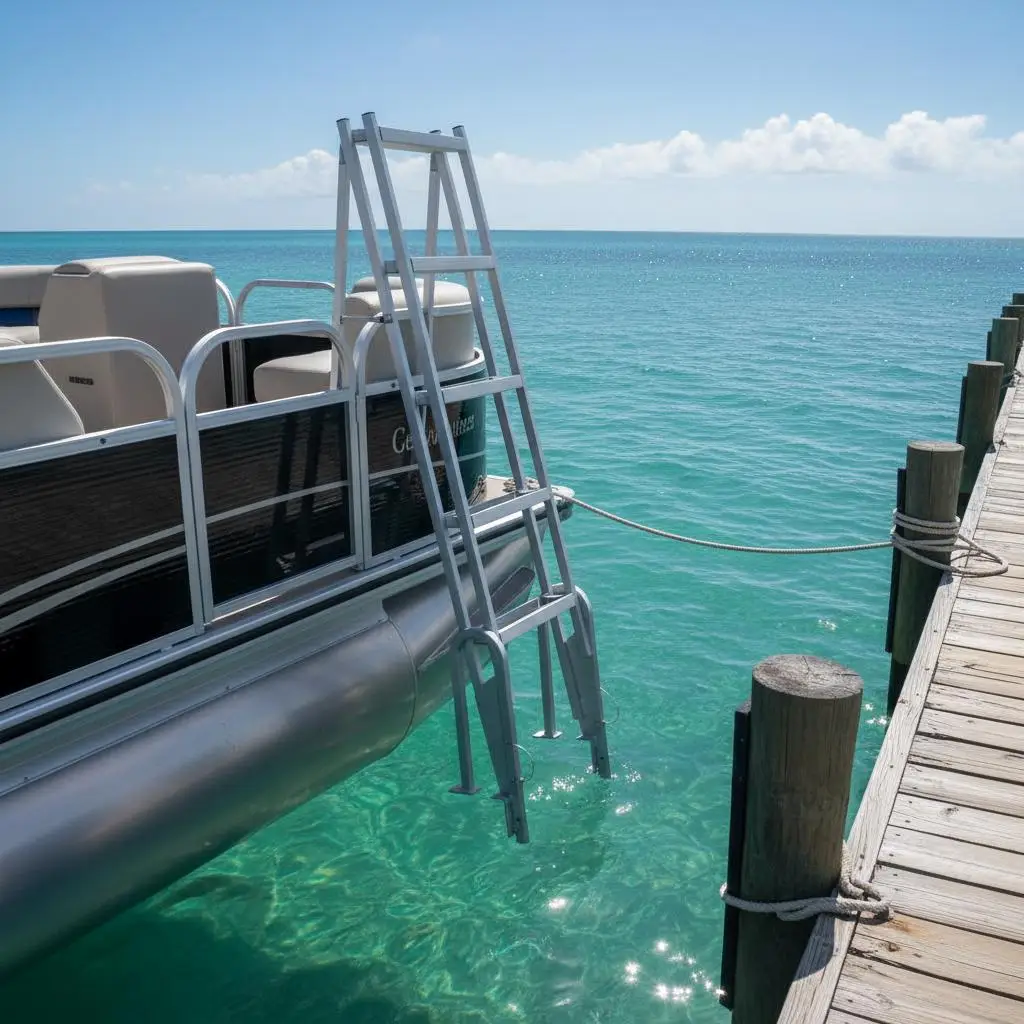 

Dock Ladder Flip Up 5 Steps, 350lbs Load Capacity, Aluminum Pontoon Boat Ladder with 4" Wide Step & Nonslip Rubber Mat,Swimm