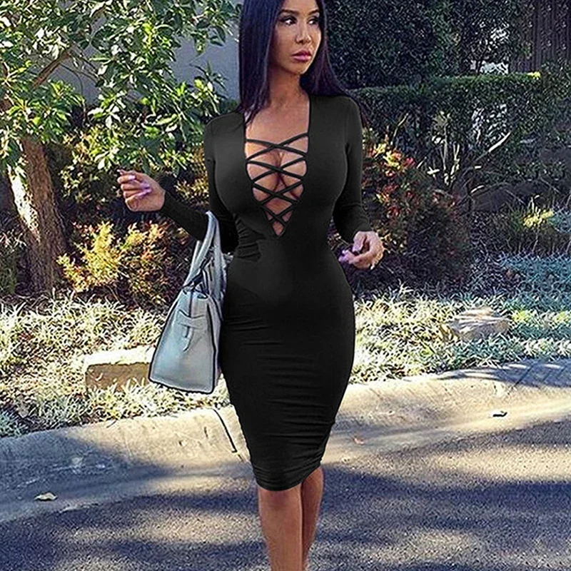 Sexy Deep V Neck Cross Bandage Hollow Out Slim Bodycon Dress Women Long Sleeve Elastic Skinny Dress Elegant Club Party Vestidos