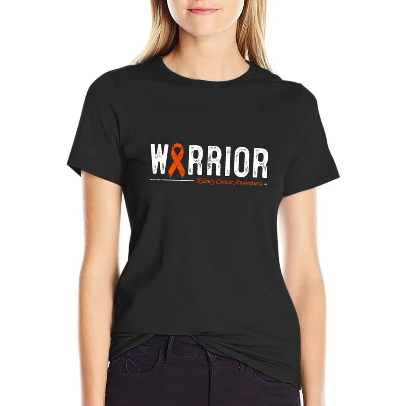 Kidney Cancer Warrior Orange Ribbon Awareness T-shirt lady clothes female Women tops