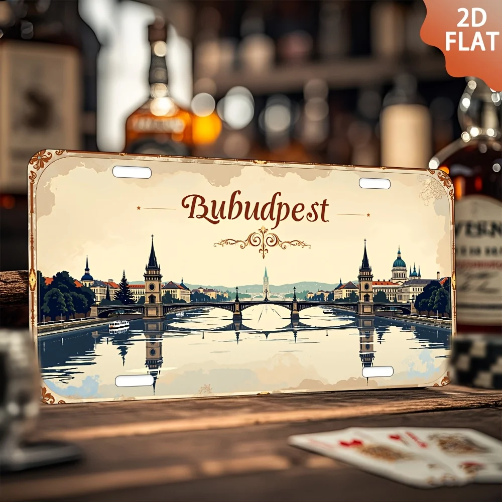 2D plano, 1 pieza Vintage Budapest Metal Wall Art - 15,24x30,48 cm Letrero de aluminio con diseño de puente de cadena y castillo de Buda, Europa rústica