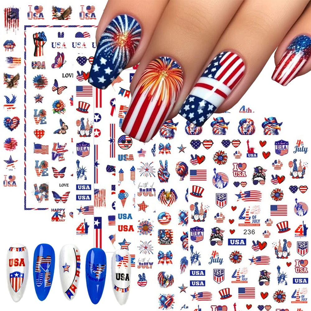 3D American Flag Nail Sticker 4th Of July Independence Day Design Firework/Flame/Bald Eagle Patriotic Element Nail Stickers Deco