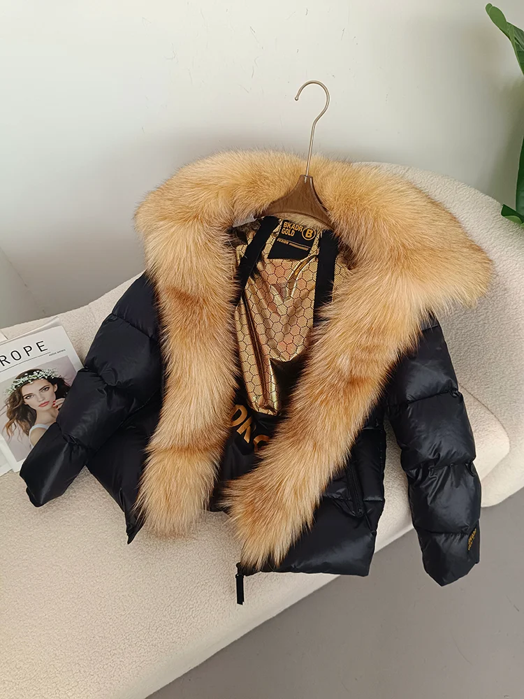 OFTBUY Echter Fuchspelzkragen mit Kapuze Winterjacke für Damen aus weißem Entenfedermaterial, kurz geschnitten, schwarz-gold, dicker warmer Mantel, luxuriöse Oberbekleidung. – Detail 14