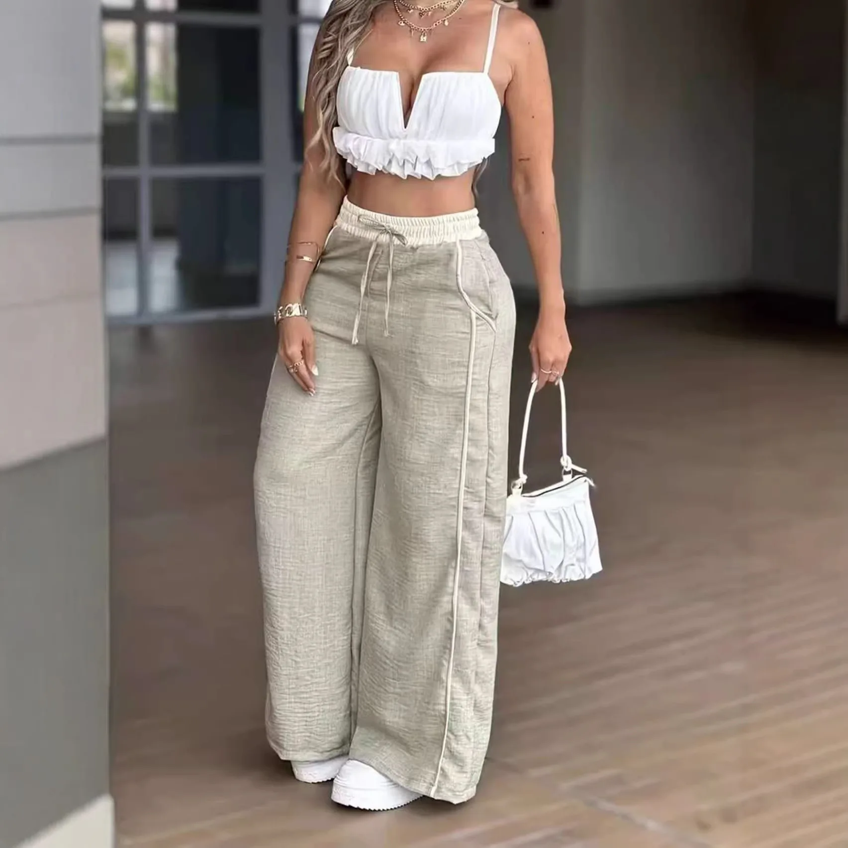 Women's Fashion Casual High Waist Straight Wide Leg Pants Color Block Patchwork Pockets