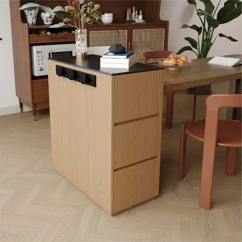 Pure solid wood with rock slab island cabinet Small apartment with separate mobile island table dining side cabinet Kitchen rubb