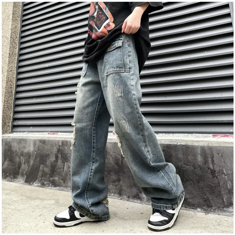 

Blue Jeans for Women Worn-out High Waist Vintage American Fashion NEW Streetwear Wide Leg Jean Female Trouser Baggy Denim Pants