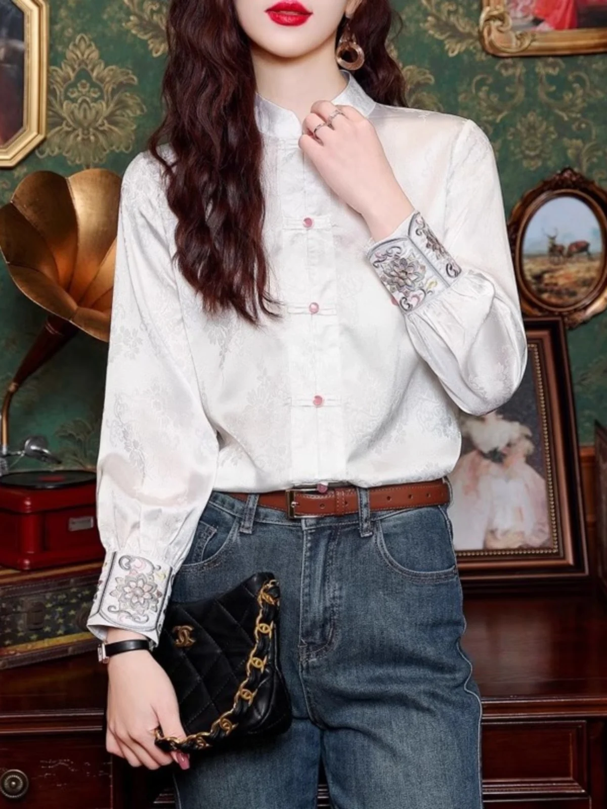 

Ele, китайский женский топ из атласной ткани Irt с вышивкой, длинный воротник-стойка на пуговицах, винтажный топ с цветочным принтом