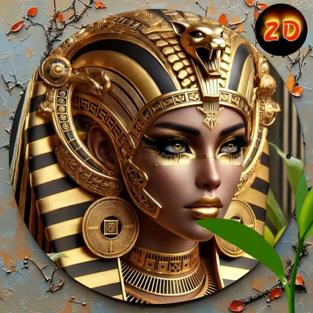 2D Flat Egyptian Queen Cleopatra Metal Wall Art, Round Vintage Pharaoh Headdress Decorative Tin Sign, Retro Ancient Egypt Goddes