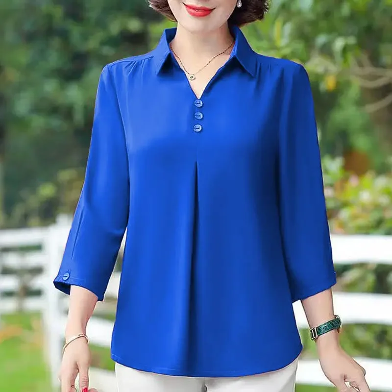 2024 verão elegante e elegante simples gola polo painel botão solto lazer oversize três quartos camisa de cor sólida para mulher