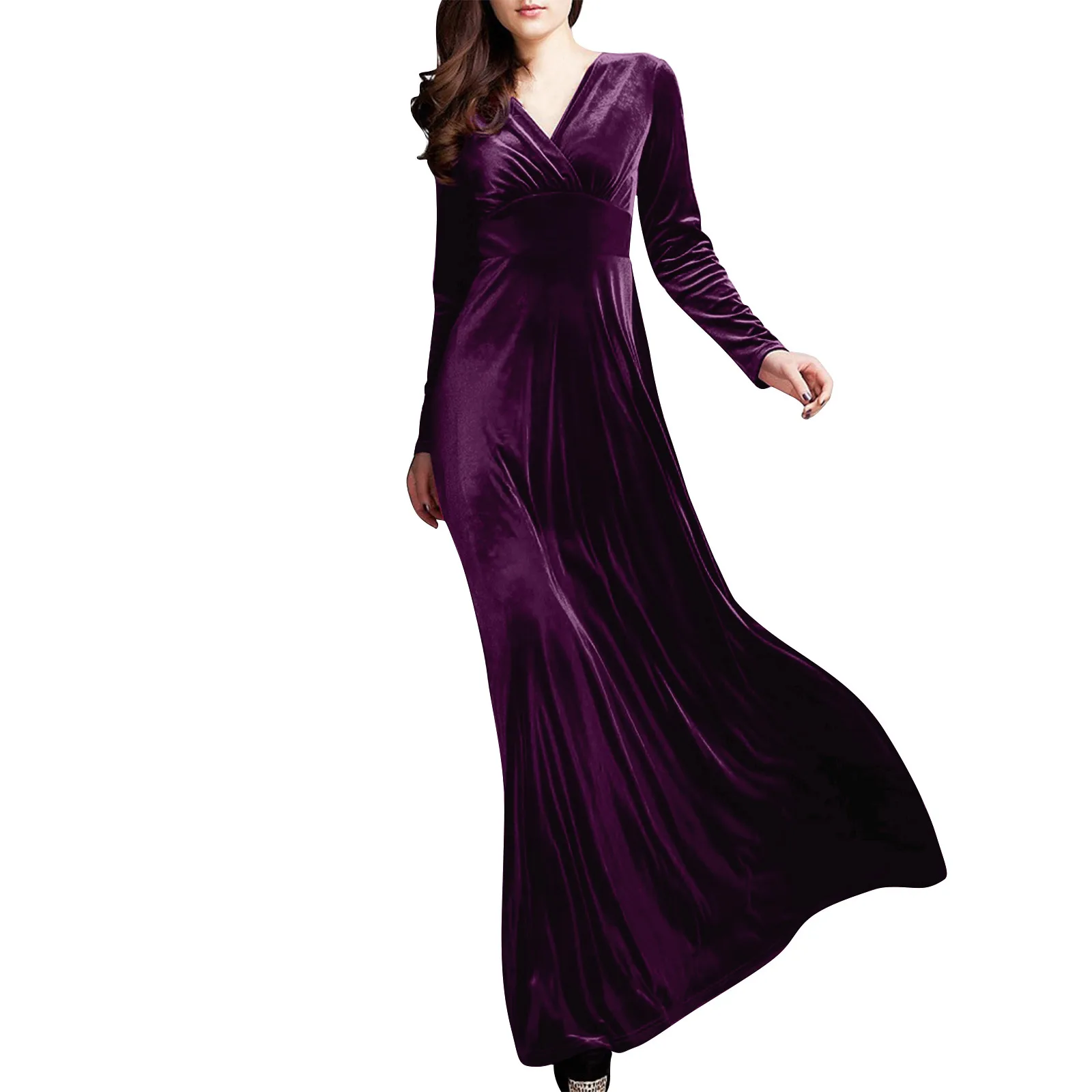 Autumn Winter Women'S Autumn And Winter Gold Velvet V-Neck Solid Color Long-Sleeved Party Dress New Fashion Simple Versatile