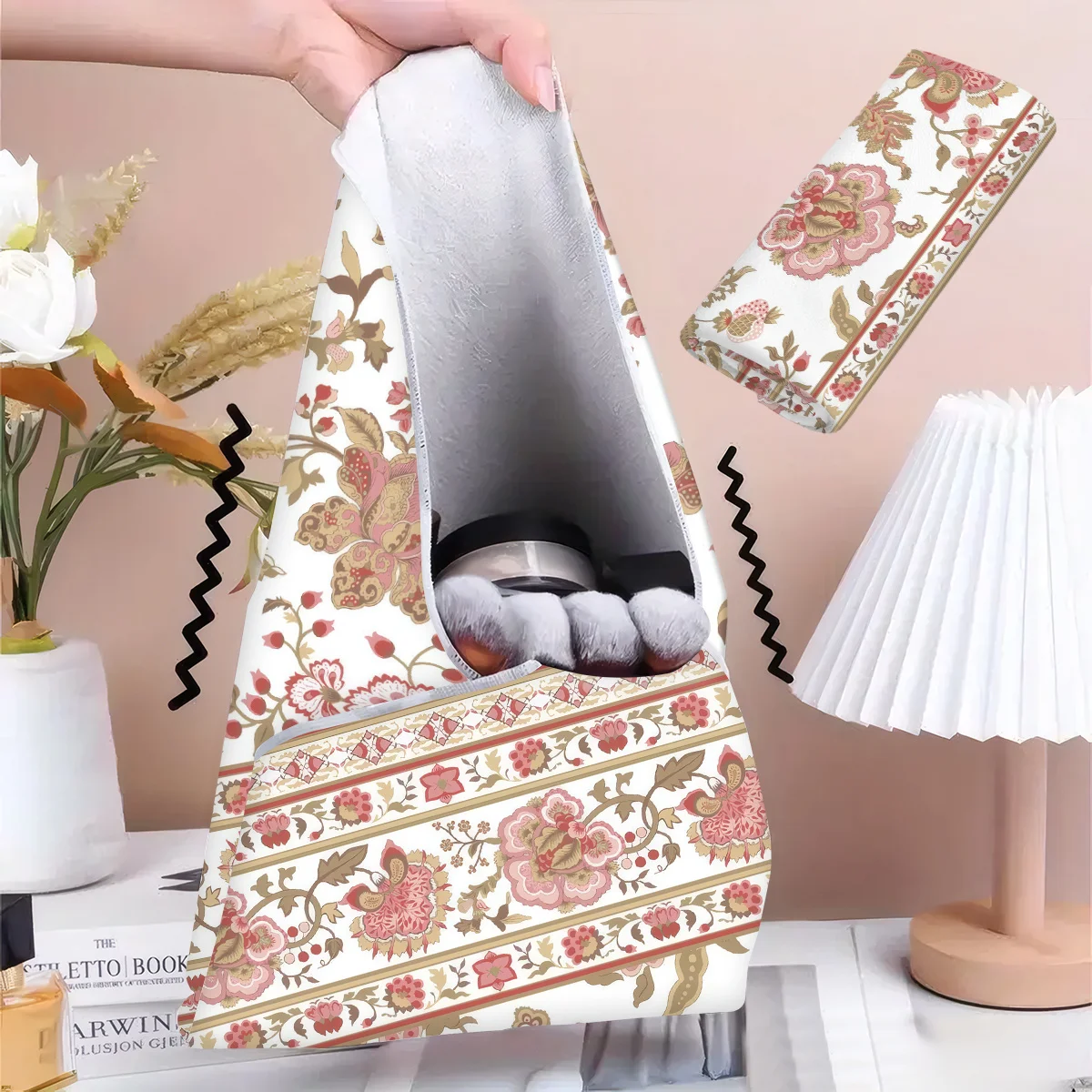 1pc Self-Adhesive Magic Wrap Cloth Ins-style Bohemian Vintage Makeup Bag Fresh Floral Border Print Makeup Brush Storage Pouch