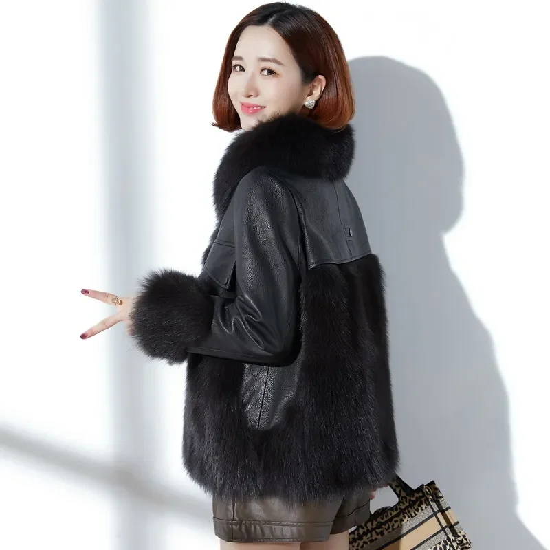 YOLANFAIRY Futro Damskie Zimowe Futro z Lisa Skórzana Kurtka Damska Kurtka Futrzana Koreańskie Skórzane Kurtki i Płaszcze Damskie Odzież