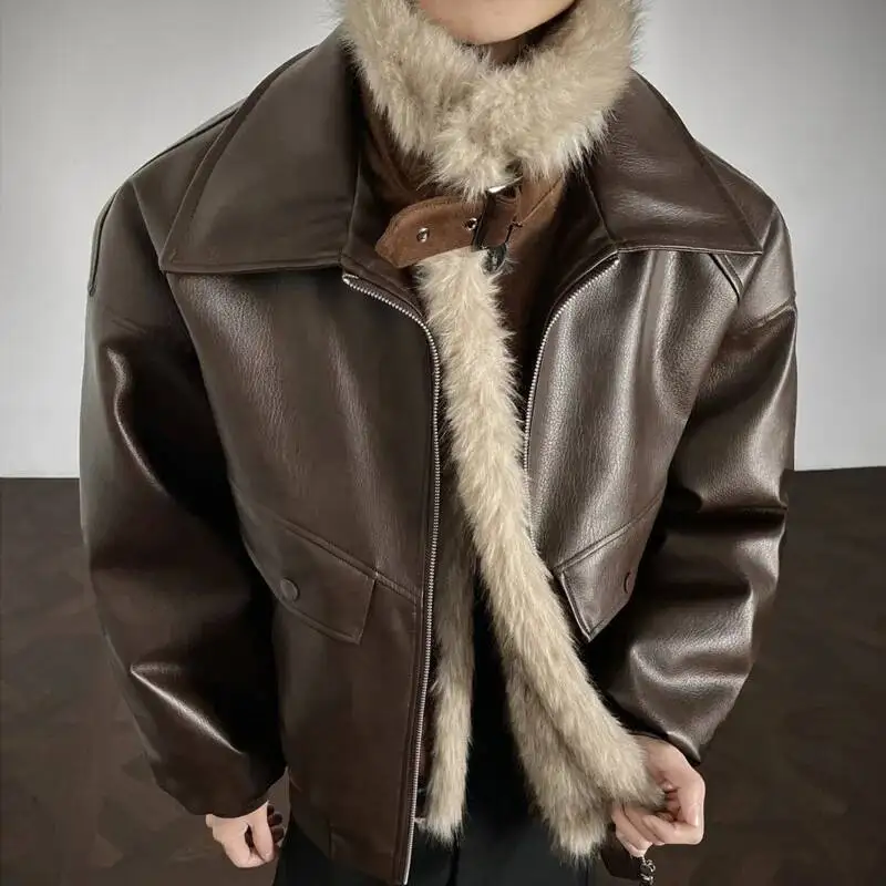 Autumn Winter New Fur Collar Patchwork Leather Jacket Men's Fashion Warm Pocket Zipper Cardigan Cotton Coat 2P24V