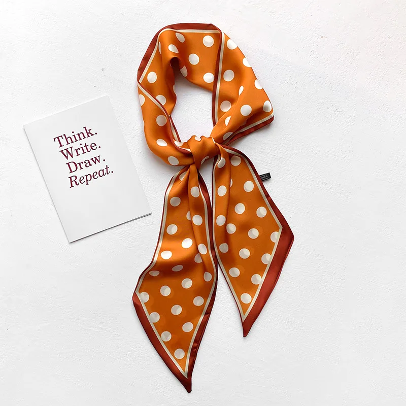 Scarf Beige Polka Dot Skinny Long Satin Versatile for Women Spring Fall Lightweight Soft Elegant High Quality