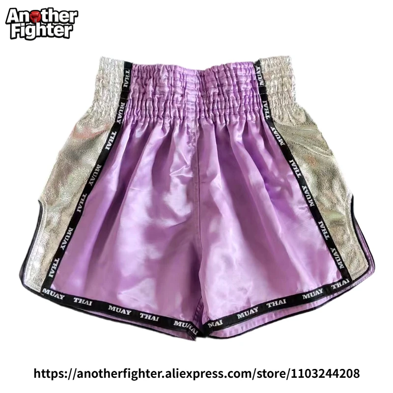 Lavender Satin Muay Thai Shorts Silver Metallic Side Panel Unisex MMA Kickboxing Trunks Dancing Sparring Training Workout Shorts