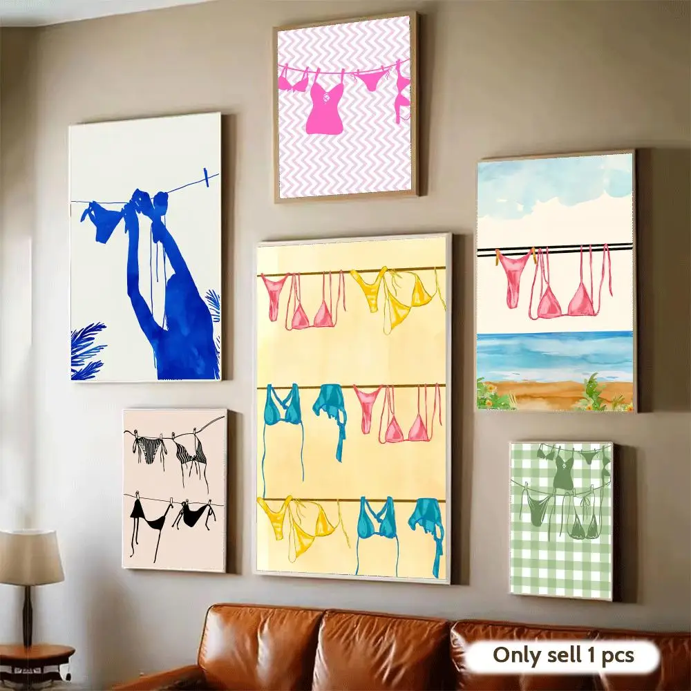 Bikini On Clothesline Art Poster Home Bar Wall Art Sticker Waterproof Self-Adhesive Mural for Living Room Bedroom Decor