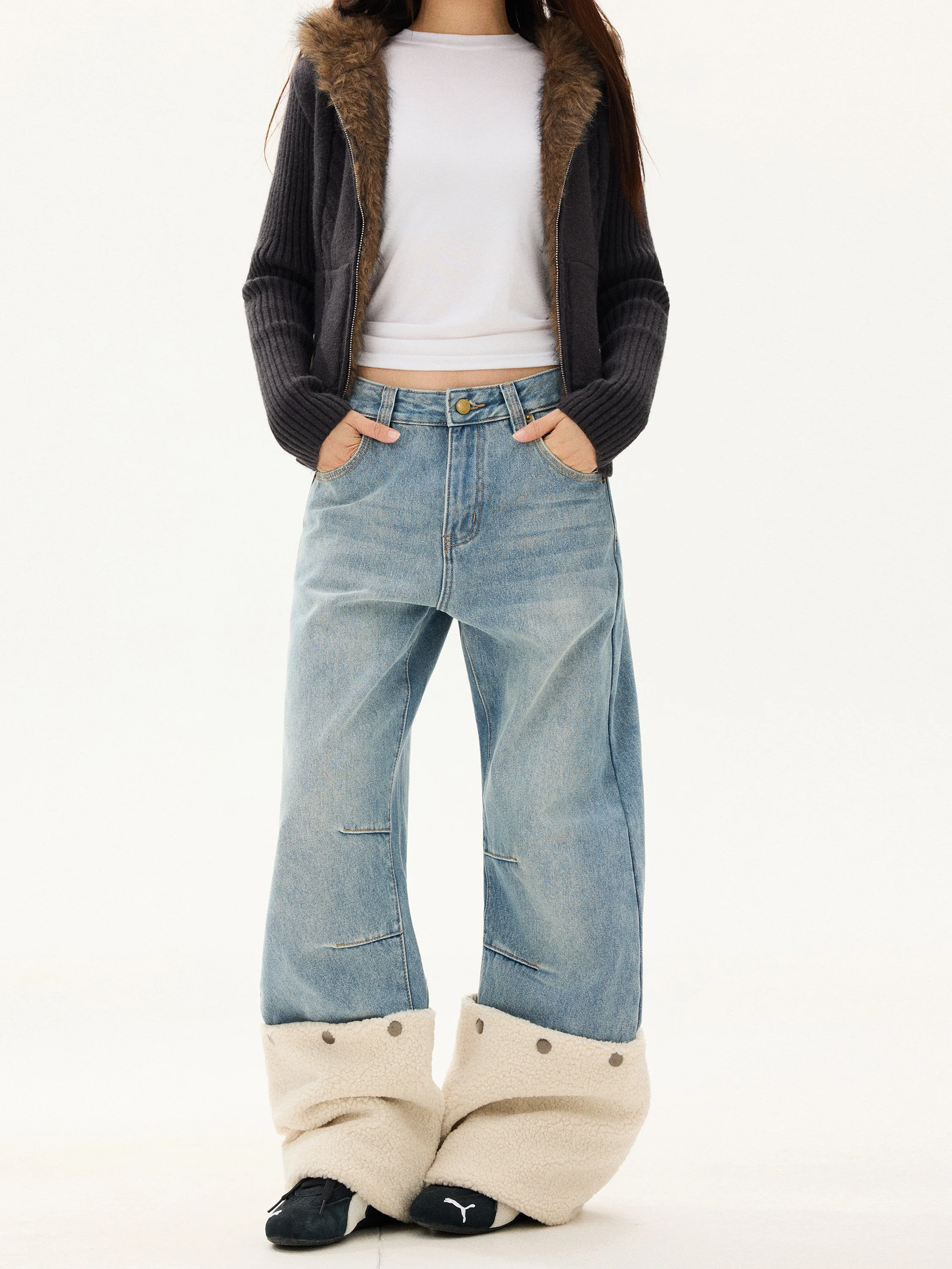 

American Sle Fce Lined Loose Fit Jeans Men Women Design Sensation Versatile Trendy Casual Wide Leg Jeans l Waist
