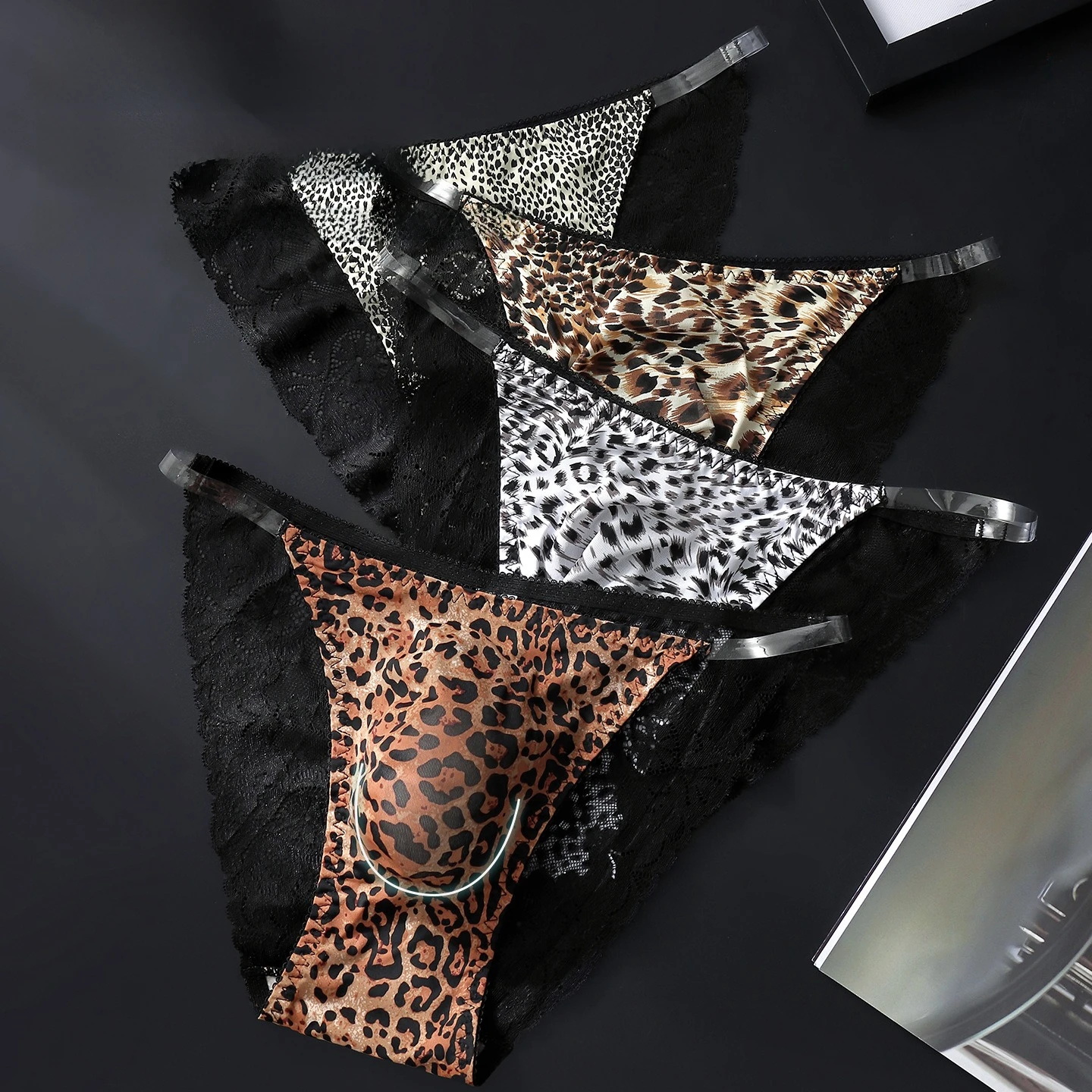 Hot Sale Leopard Print Mens Sexy Briefs 3D Bulge Pouch Low Rise Transparent Waistband Lace Comfort Breathable Seamless Underwear