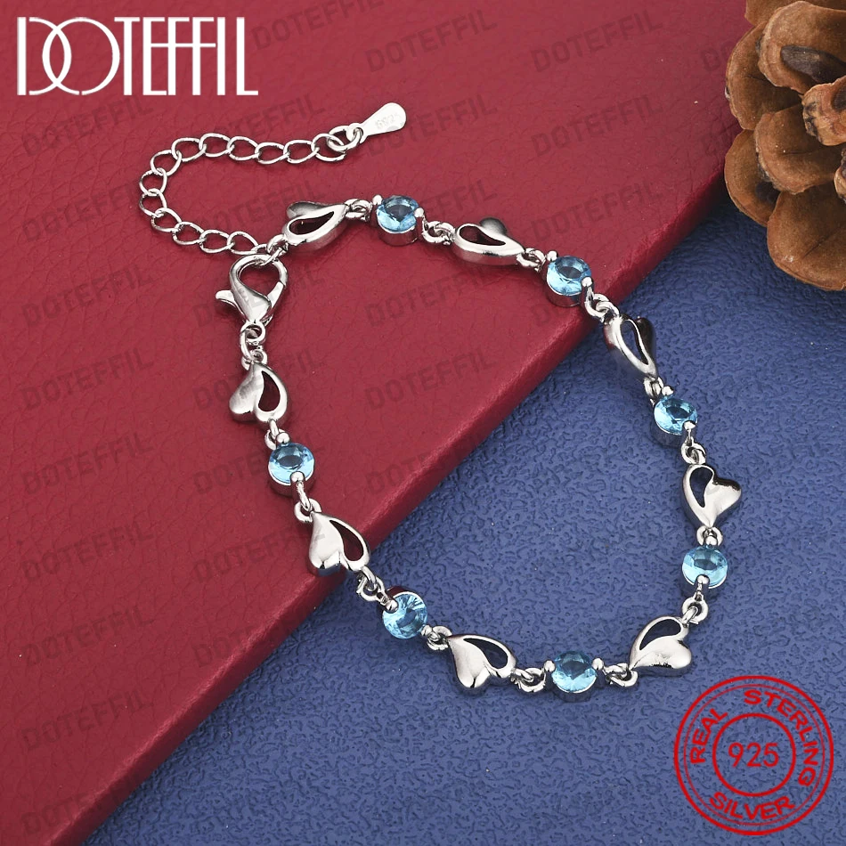 925 Sterling Silber 8-Zoll Luxus Herzförmiges Blaues Zirkon-Armband für Damen, Modisches Party-Geschenk-Accessoire