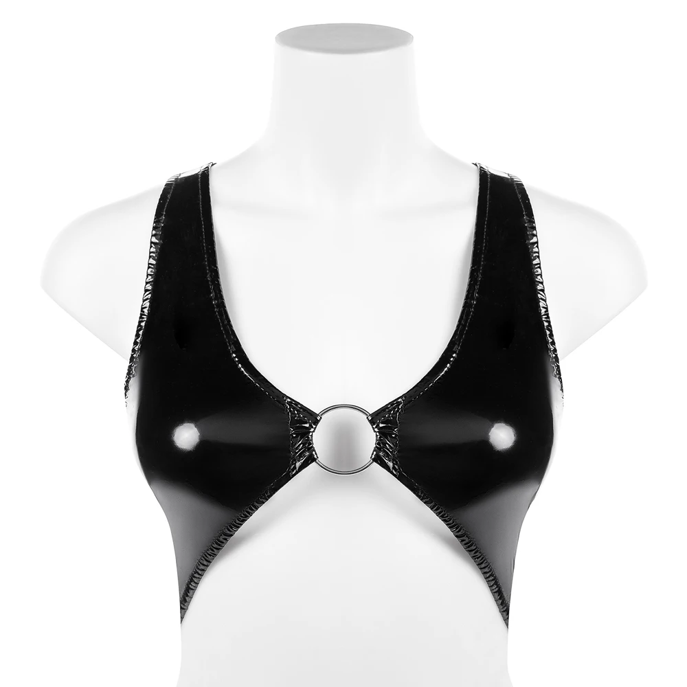 S-3XL Mirror Leather Bra Exposed Bosom Sexy Tank Top Shiny PU Leather Bustier Crop Tops Tight Metal Ring Vest woman Sport Jacket