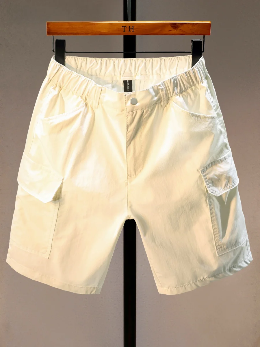 

Summer Men's Loose Breathable Elastic Waist Workwear Trousers Multiple kets White Straight Leg Tee-quarter Length Pants