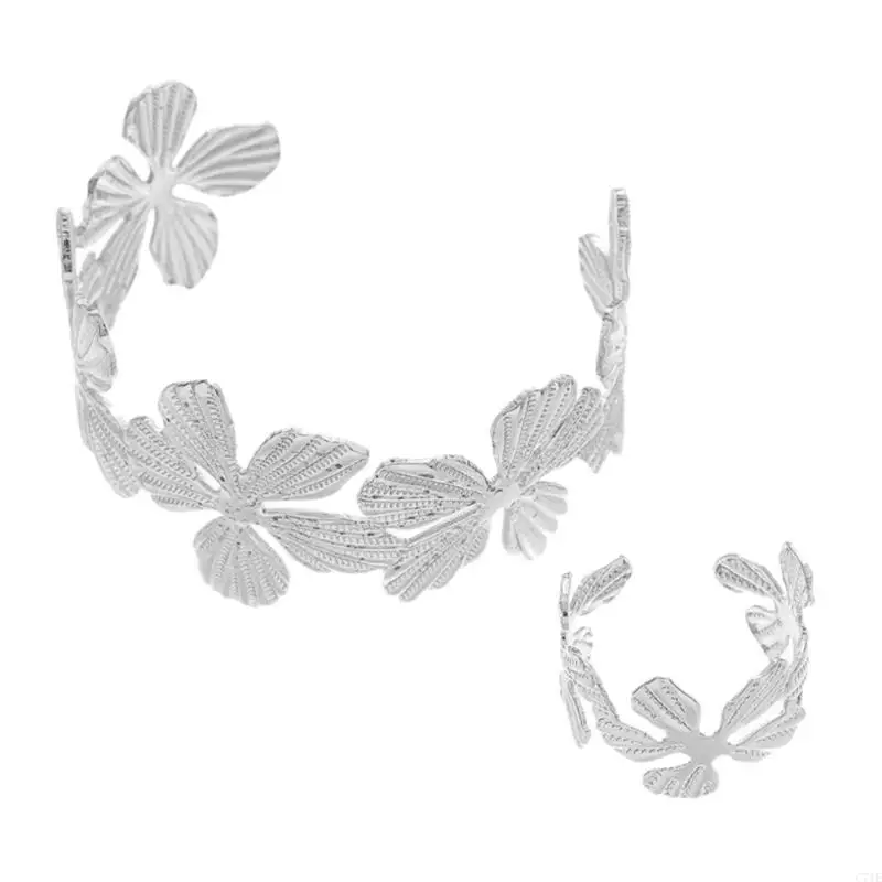  Pack of 2 Floral Bracelet and Rings Set In Sturdy Metal for Women With Adjustable Sizing