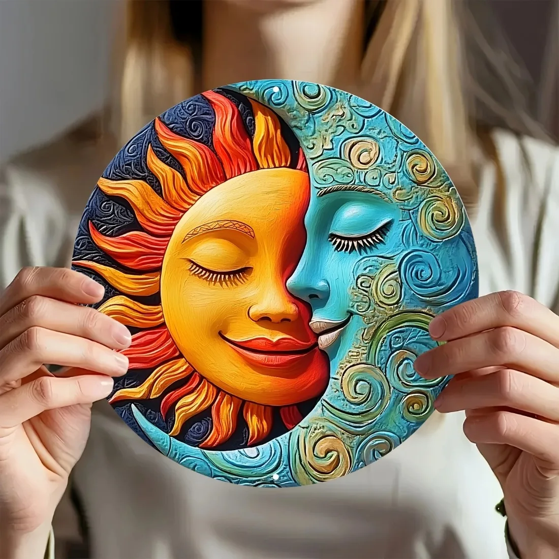 Sun & Moon 2D Flat Metal Plaque - Round Farmhouse Decor for Garden, Home & Garage
