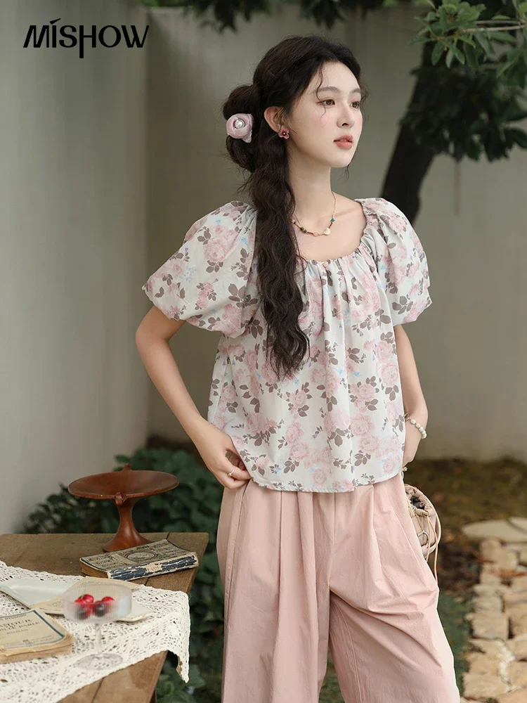 

MISHOW One Line Neckline Floral Top for Women Summer 2024 Korean Bubble Sleeves Back Elasticity Blouses Sweet Tops MXD28X1589