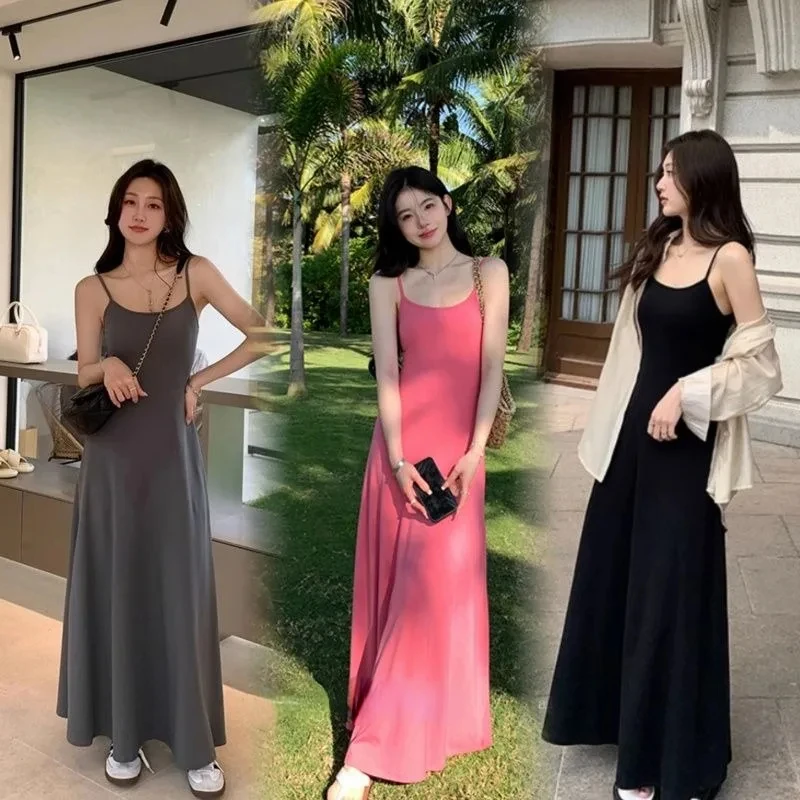섹시한 연예인 스타일 단색 원피스 여성, 서스펜더 긴 원피스 슬림핏, 분위기 있는 휴가 캐주얼 원피스, 여름 신상