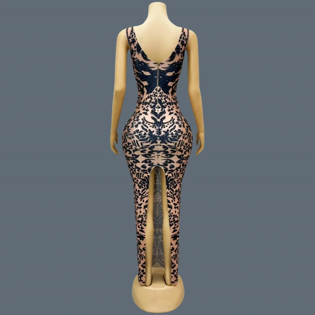 Feminino preto padrão strass brilhante vestido de baile aniversário luxo jantares sexy maxi vestido celebrar festa vestido de noite heijiao