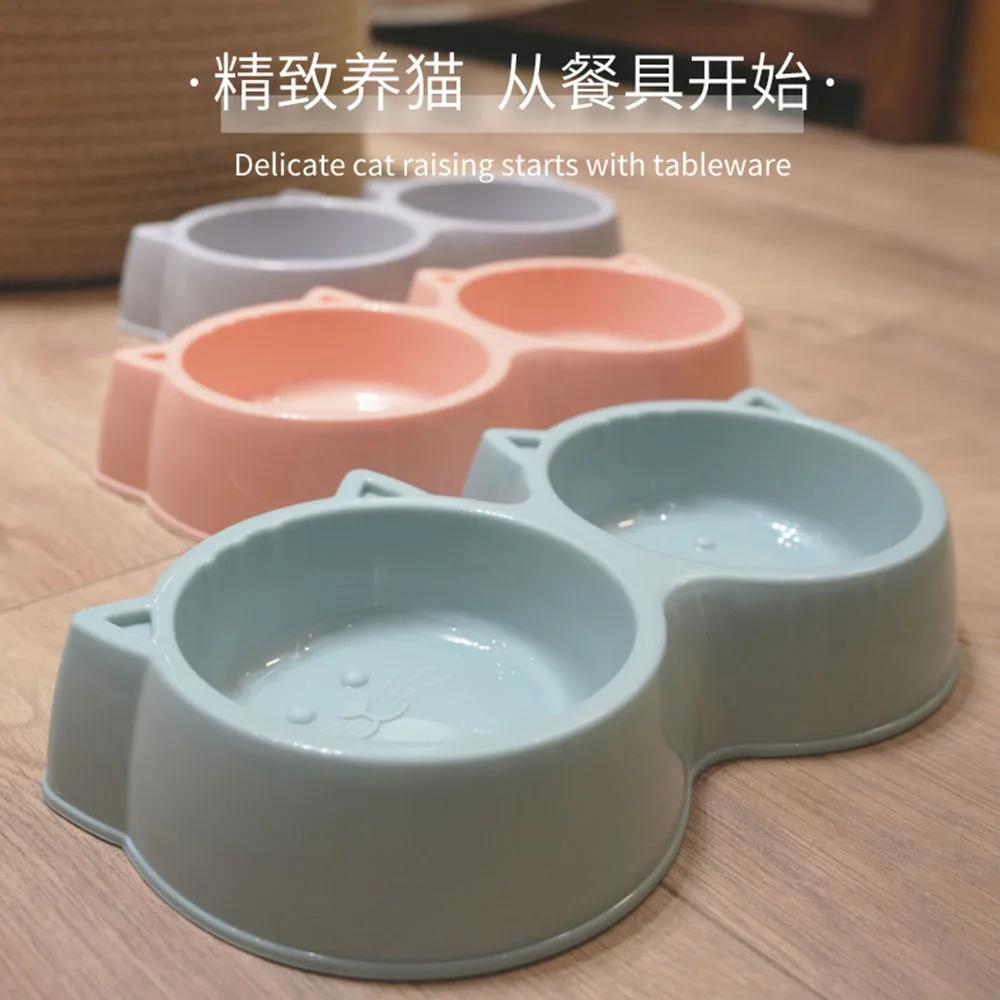 Pet cat Double bowl feeder Eco-friendly PP material Cartoon cat face shape food water feeding non-slip puppy feeding supplies