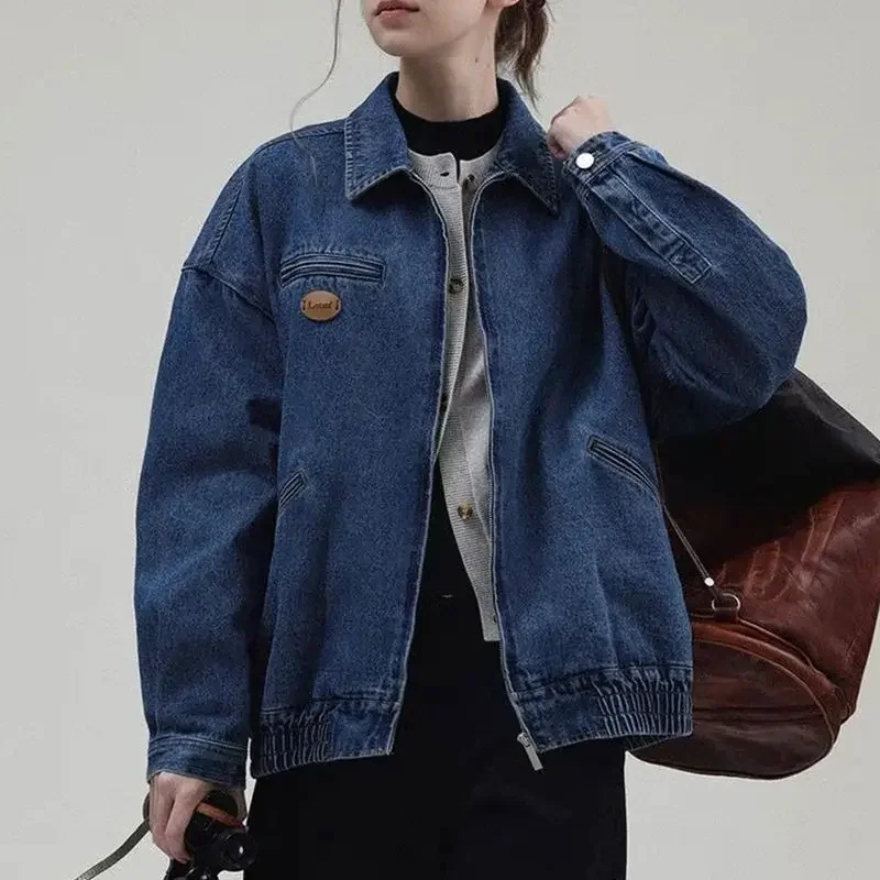 Denim Jacket Women Design Retro Loose Lapel Zipper Top Trendy Lazy Style Retro Street Trend Coat Age Reducing College Style