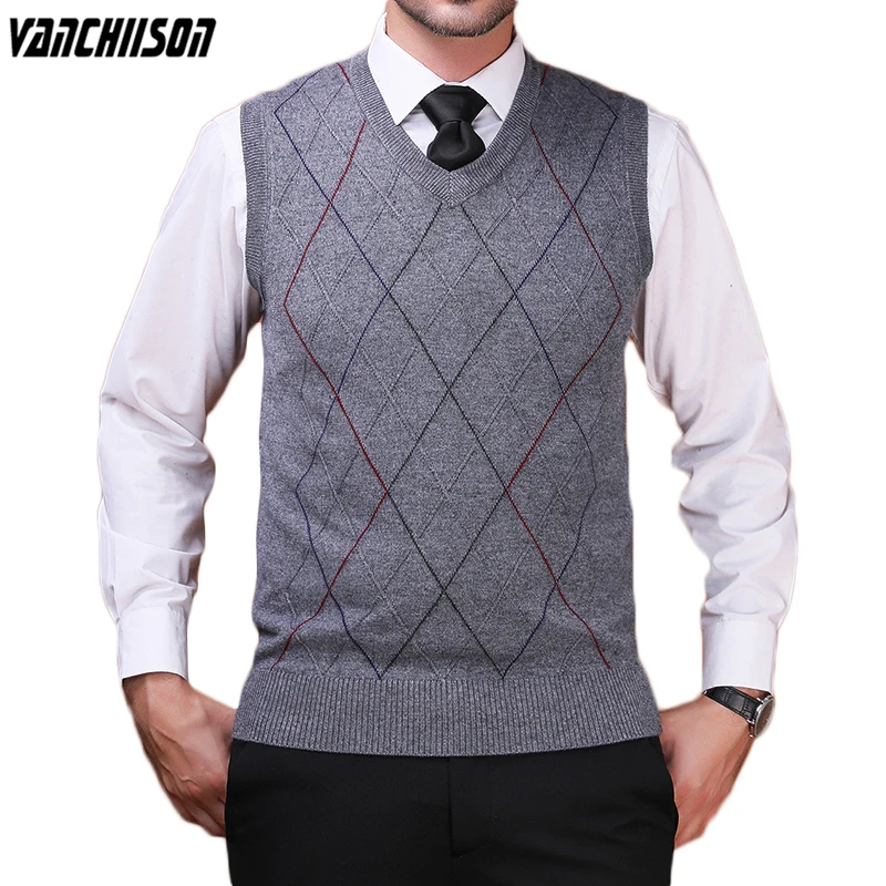 

Men 14% Wool Knit Tank Sleeveless Sweater Jumper Basic for Autumn Winter V Neck Argyle Dad Father Clothing Gift 00311