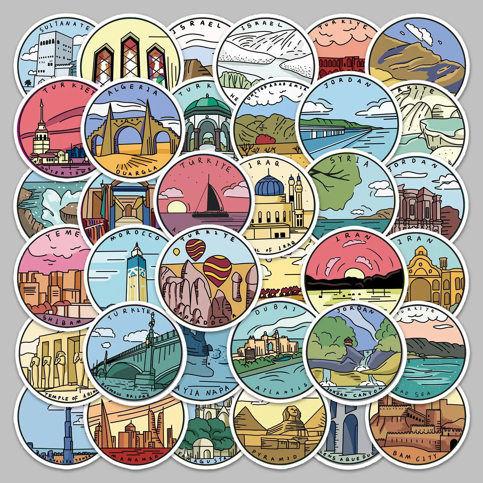 100 cartoon stickers for Middle Eastern scenic spots and historical sites,original outdoor travel graffiti, notebook, ledger, de