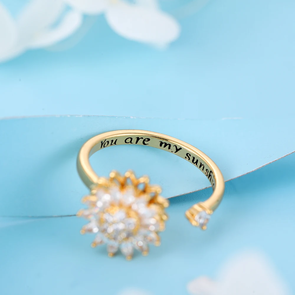 New Design You Are My Sunshine Rotatable Sunflower Flower Spinner Ring CZ Zircon Anti Stress Anxiety Rings Birthday Gift Jewelry