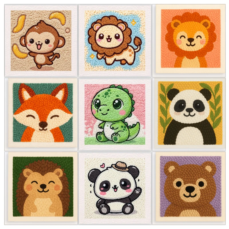 

DIY Punch Needle Kits for Beginners Cute Cartoon Animal with Hoop Embroidery Punch Needle Starter Craft Set Easy for Adults