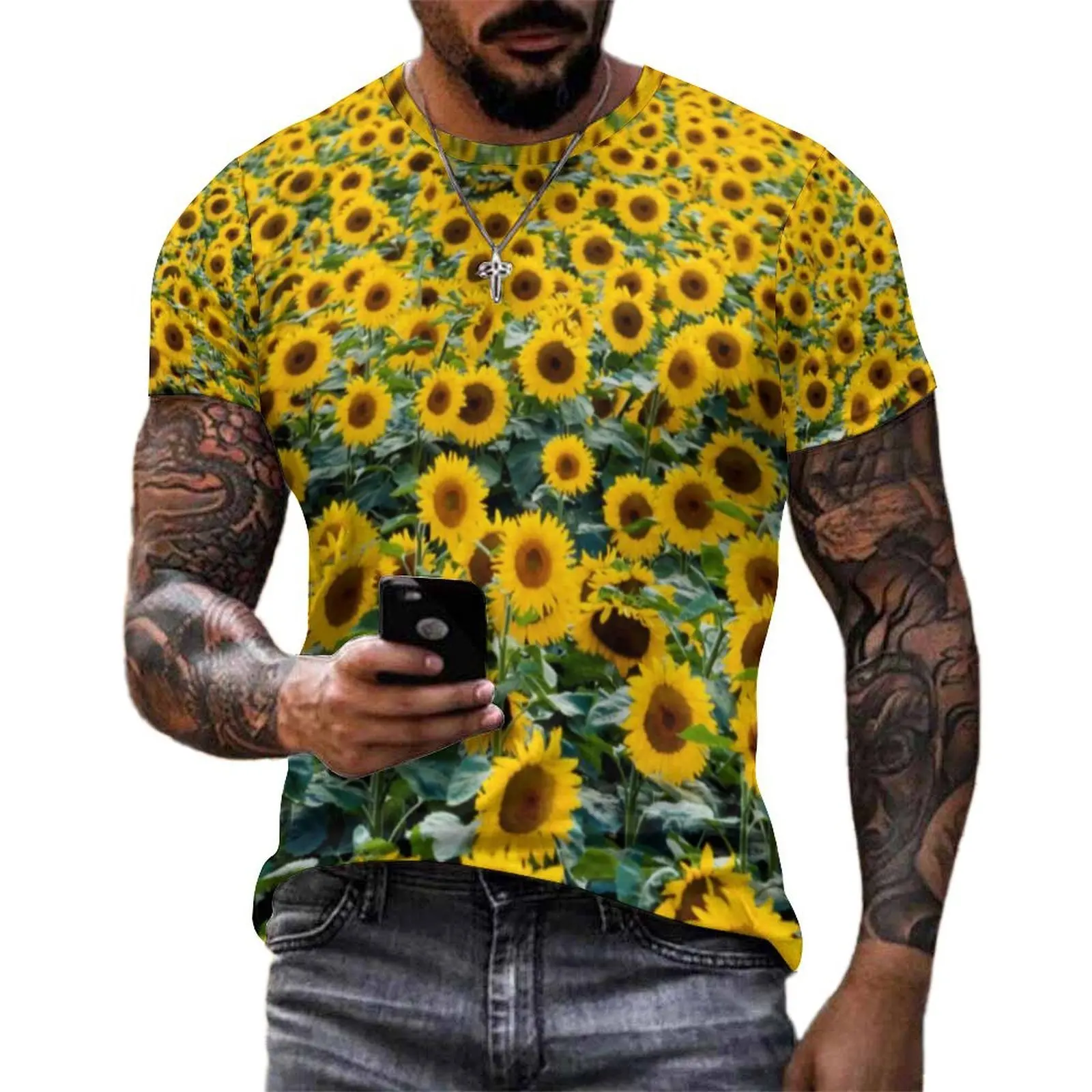 Field of Sunflower T Shirt For Man Yellow Flowers Print O Neck T Shirts Summer Novelty Tops Short-Sleeved Oversized Tee Shirt
