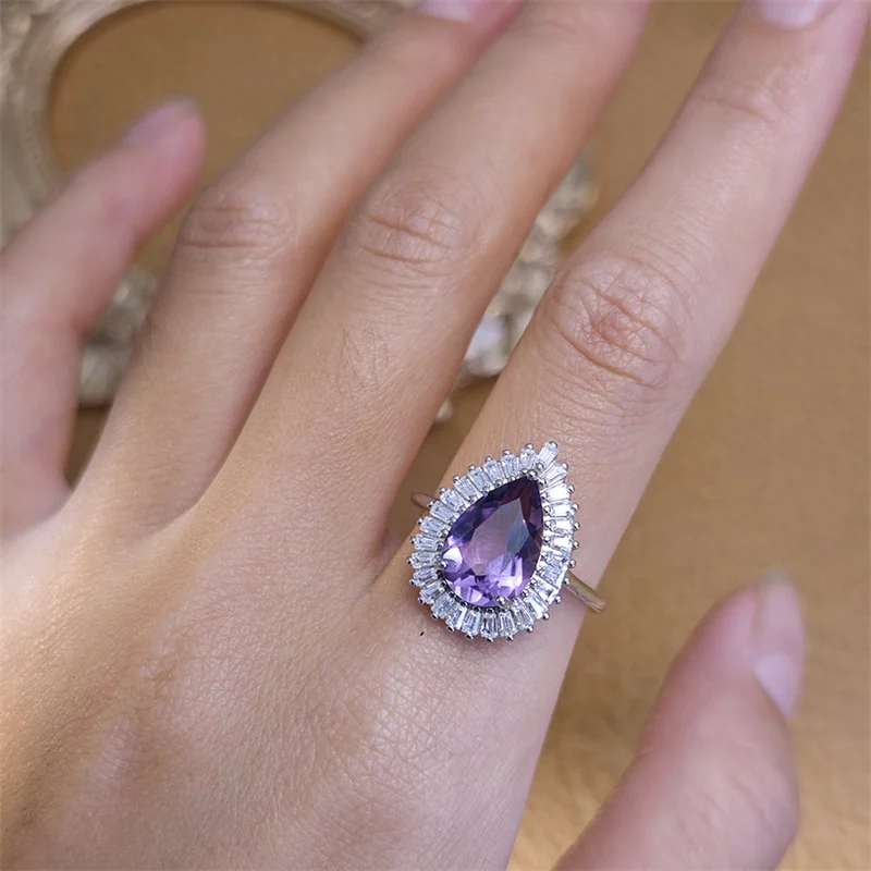 

Pear Shape Amethyst Wedding Ring for Women S925 Sterling Silver Adjustable Size Ring Anniversary Gift Bride Fine Jewelry