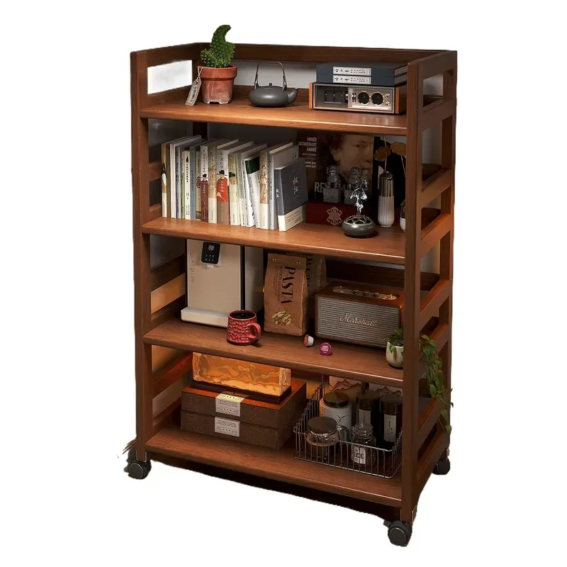 Solid Wood Mobile Side Table with Storage Shelf Multifunctional Sofa End Cabinet Kitchen Organizer Rack for Living Room