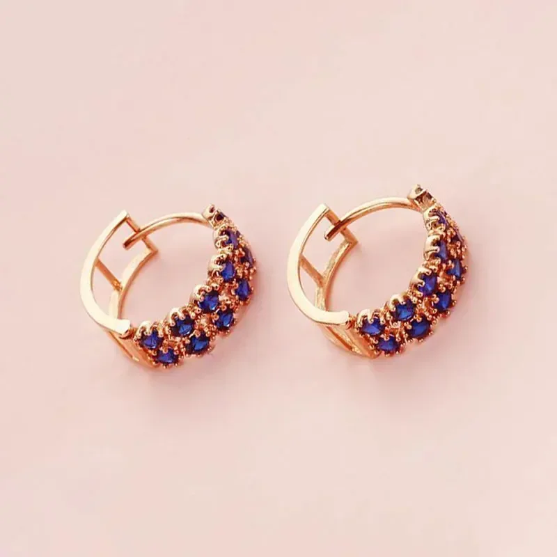 Fashion and exquisite 585 purple gold inlaid double rows of blue crystal Ear buck plated 14K rose gold earings for women jewelry