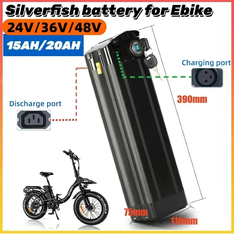 

NEW portable 36V/48V E-Bike rechargeable battery 20AH Silver Fish Battery Suitable for 350W 500W 750W electric bicycle +charger