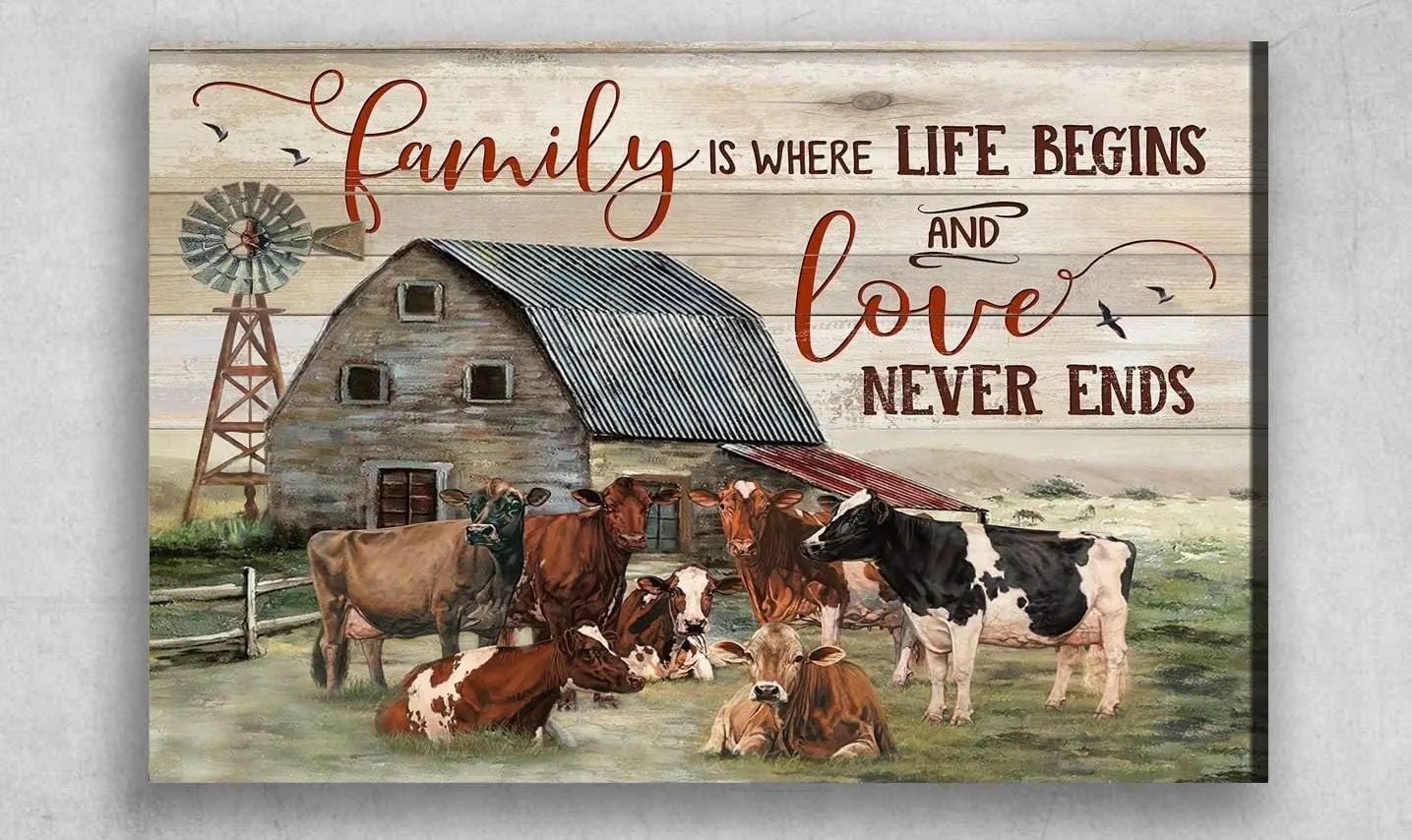Funny Metal Tin Sign Cow On Farm Family is Where Life Begins and Love Never Ends Retro Tin Sign Vase Flowers Poster Plaque  sign