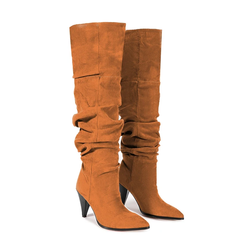 

Коричневые сапоги до колена на коническом каблуке с острым носком, женские зимние сапоги 2026, бордовые сапоги без шнуровки на каблуке, модная женская обувь