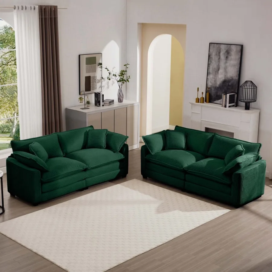 

Modern Fabric Living Room Sofa Two Piece Set Two 2Seater Sofas with 8 Cushion Upholstery Large Deep Seat Recliner Green Corduro