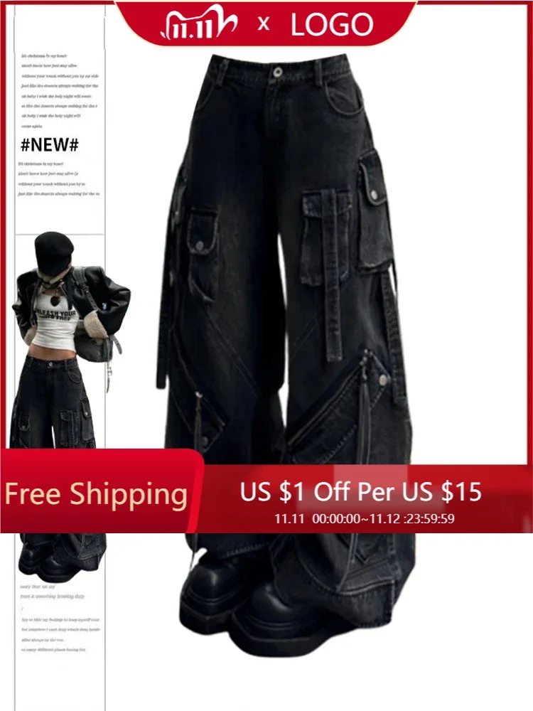 

Женские черные готические мешковатые джинсы-карго в стиле Харадзюку, оверсайз, джинсовые брюки Y2K, винтаж 90-х, эмо-джинсы, одежда в стиле траши, 2024