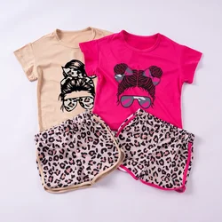 Summer Girls Fashion Cartoon Printing Short Sleeve + Leopard Print Shorts Two-piece Children's Daily Fashion Leisure Suit 0-5