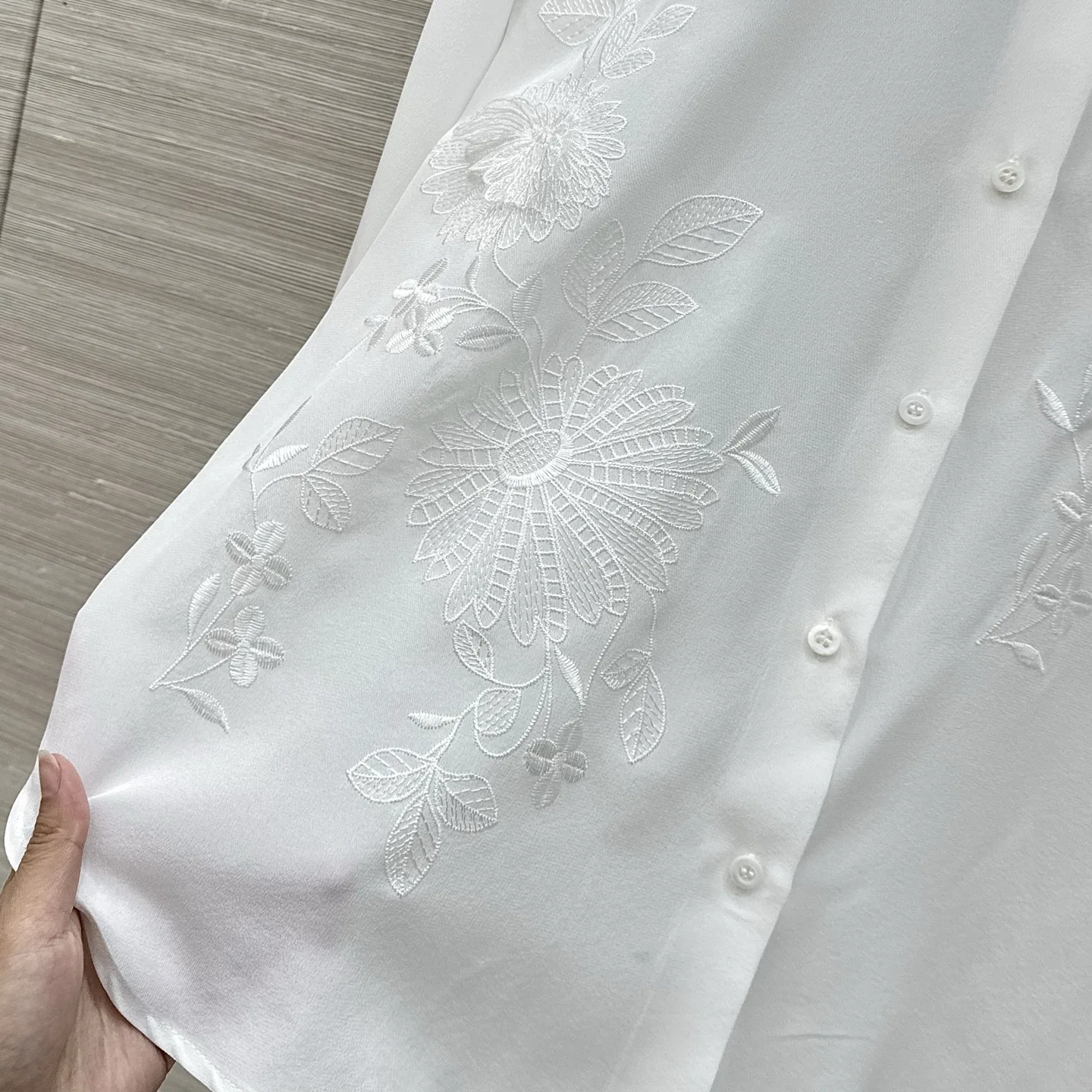 Women Embroidery 100% Silk Set Turn-down Collar Long Sleeve Single Breasted Shirt + Elastic Waist Straight Wide Leg Pants Suit