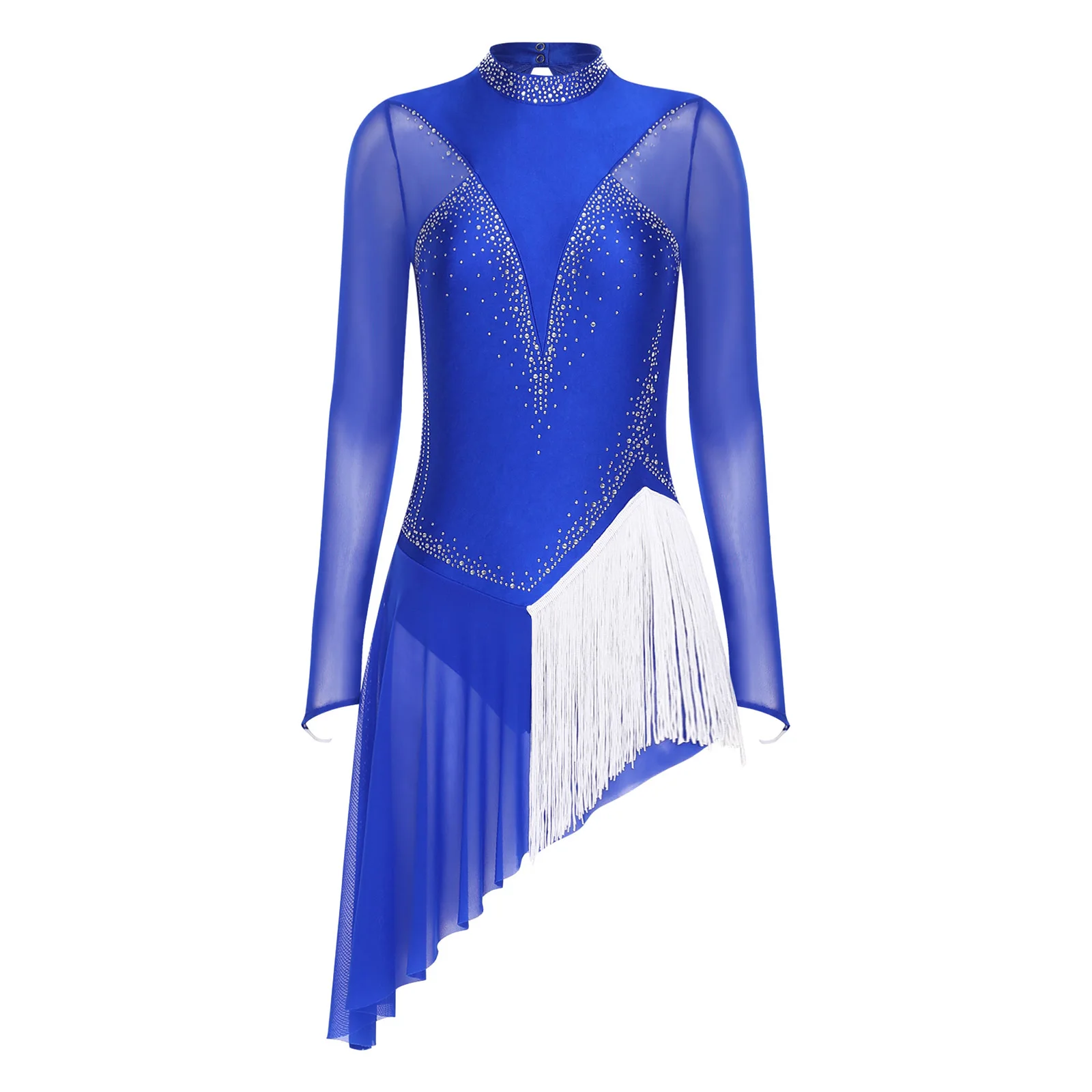 Robe de danse latine moderne en maille transparente pour femme, manches longues, dos nu, justaucorps à franges, pour Rumba latine, vêtements de danse Samba